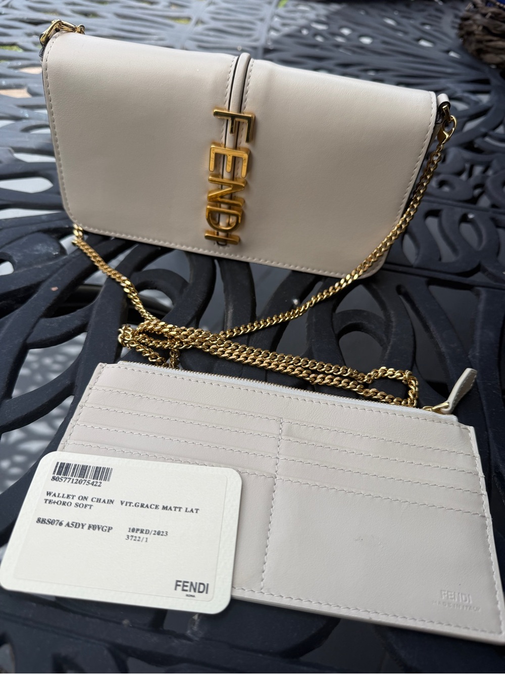 Fendi Cream Crossbody Wallet with Gold Chain Logo